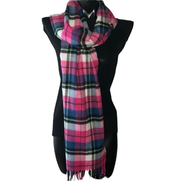 100% Cashmere Plaid Scarf Pink Blue Black Plaid Made in Scotland - Picture 1 of 7